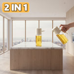 2-in-1 glass olive oil sprayer dispenser bottle in warm gray for kitchen cooking