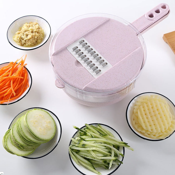 8-in-1 mandoline slicer with container and drain basket pink