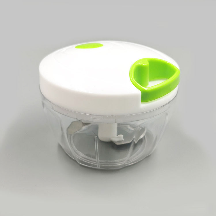 Compact pull-string vegetable chopper packed for outdoor camping, RV trips, and off-grid meal prep.