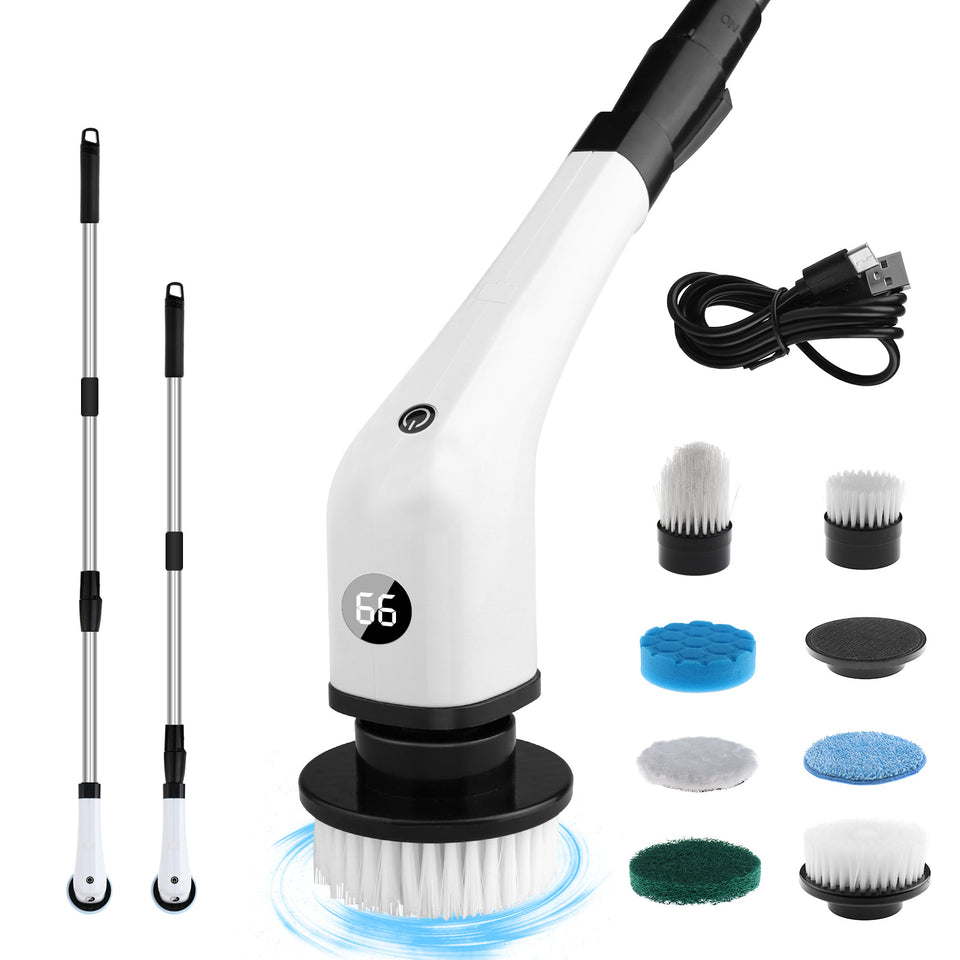 Cordless electric cleaning brush with 7 interchangeable brush heads displayed