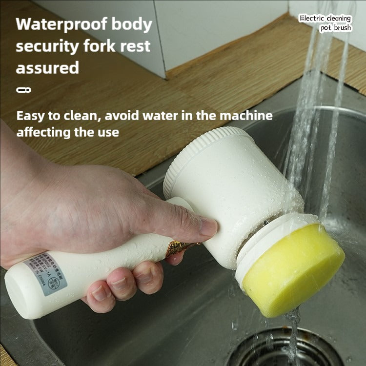 Electric cleaning brush being used on kitchen sink and countertop