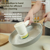 Electric scrub brush cleaning bathroom tile and grout