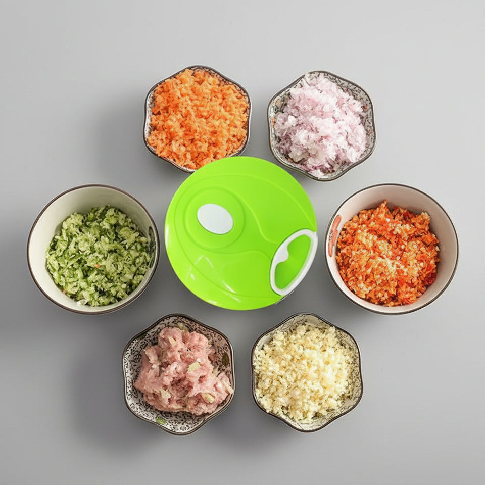 Person pulling the durable hand rope of the garlic chopper to quickly mince fresh vegetables.