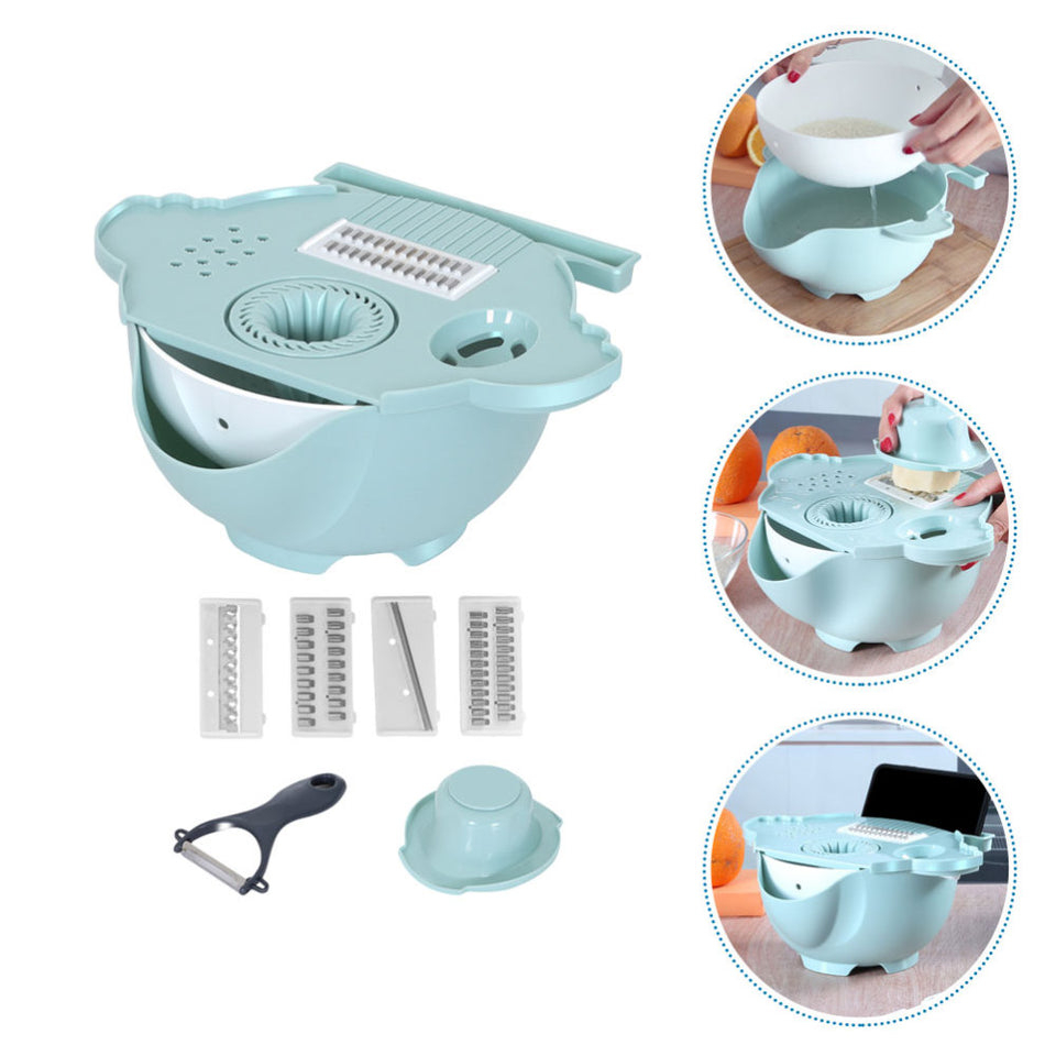 Four interchangeable stainless steel slicer blades for shredding, grating, and waffle cutting vegetables.