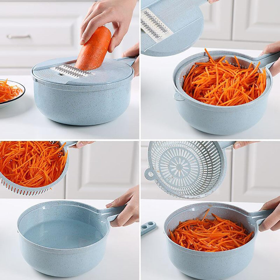 Person using mandoline slicer to prep vegetables in kitchen