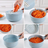Person using mandoline slicer to prep vegetables in kitchen