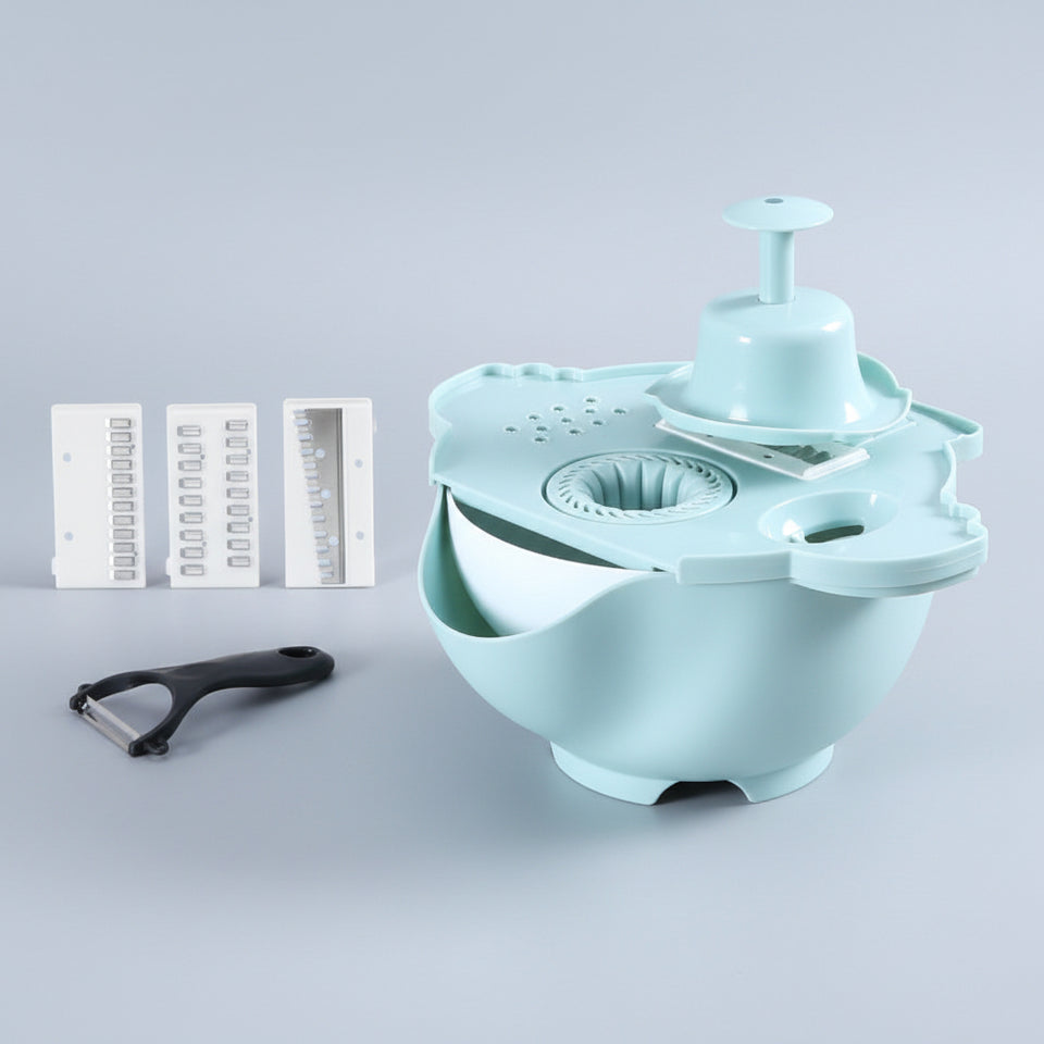 Multifunctional mandoline vegetable slicer with integrated drain basket and blue food container.