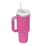 Spill-proof 40oz beverage tumbler packed inside a backpack side pocket for road trip.