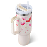 Close-up of tumbler handle, straw, and spill-proof lid